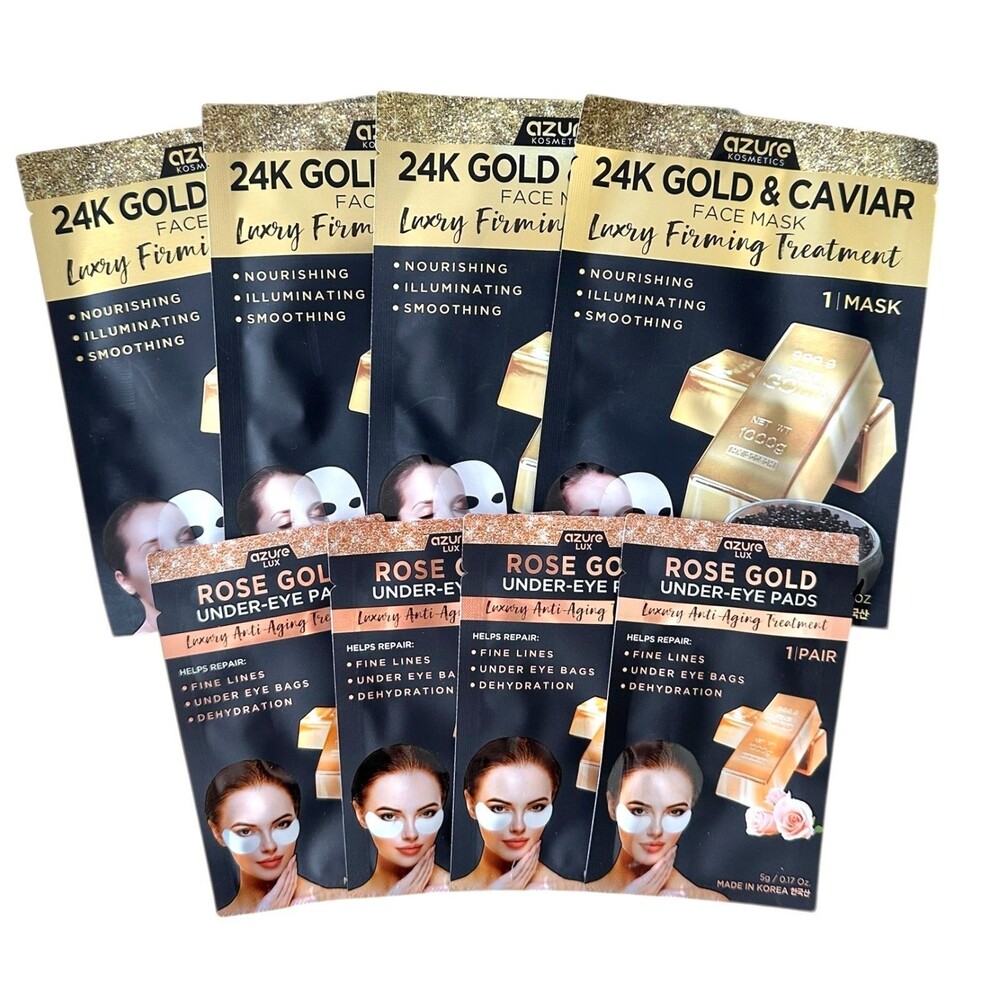 Azure 24K Gold & Caviar Face Mask & Rose Gold Under-Eye Pads Bundle - 4ct Each